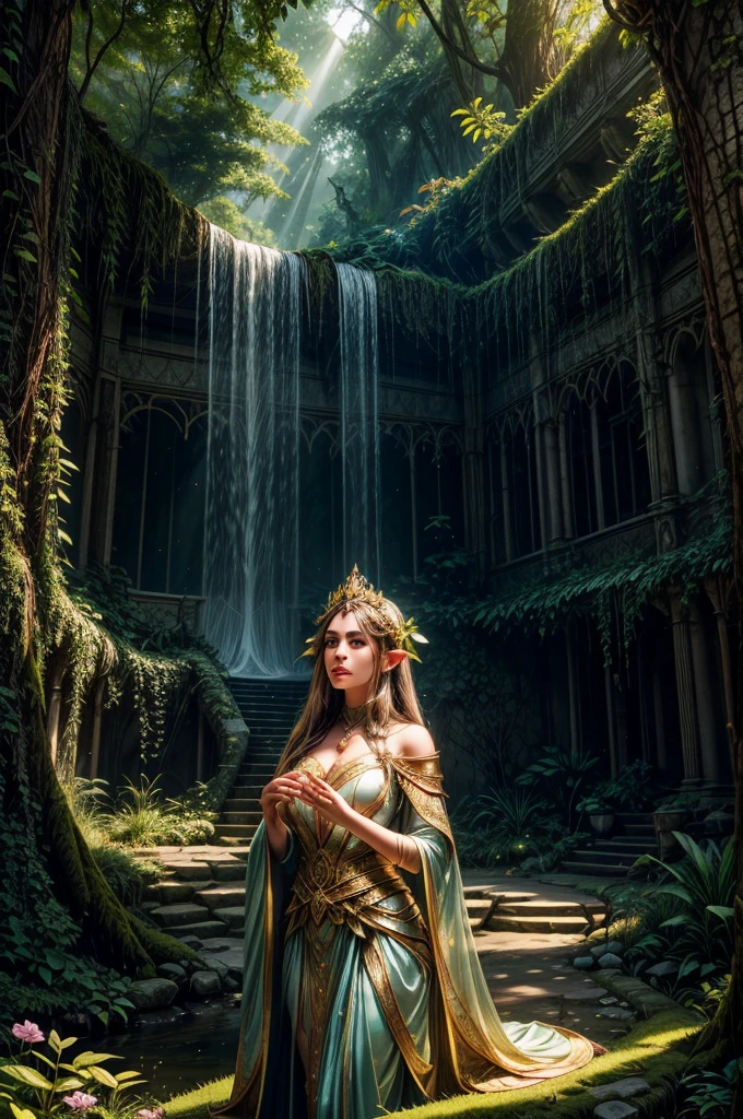 In a dappled, ancient forest ruin, an Elf Princess stands tall, her scepter raised high as beams of warm sunlight filter through the trees, casting a golden halo around her regalness. Her beautiful summer wear, enchanted clothing shimmers in the soft light covered in tiny miniature red multicolored flowers, and pea green and yellow tiny leaved vines, while lush foliage and vines surround her, creating a lush environment. The camera captures a sharp focus on the princess's face, with the rule of thirds composition placing her at the intersection of two diagonals. Shot during the golden hour, the scene exudes an ethereal mood, inviting the viewer to step into this mystical realm, fantasy, better_hands, Leonardo, Angela white, Enhance