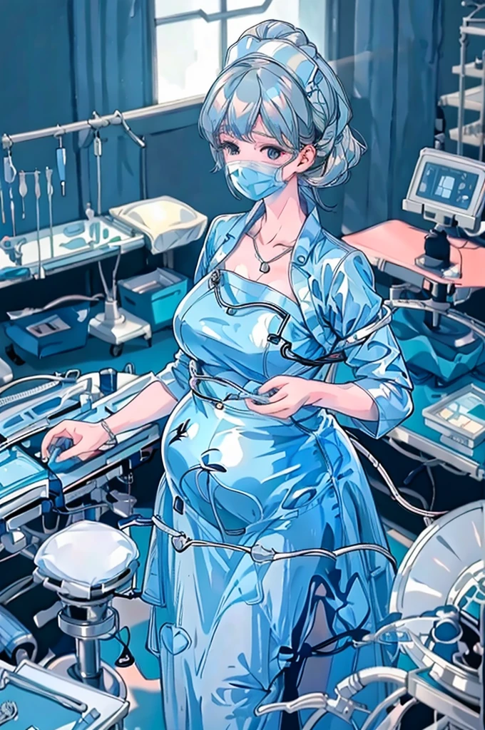 Score_9, Score_8, Score_7, source_anime, raw image, masterpiece, highest quality, view from top down, see all over the body, operating room background, the light from the operating room lamp shines down from the ceiling and hits the young woman's body, 
a hospital, 1 women, solo, pregnant and close to giving birth, pale skin, frown, worried eyes, lying on the operating bed, lie on your back, lying with arms spread out, in the operating room, surgical cap, big breasts, underwear, bare stomach, show your belly, not covering the stomach, don't put your hands together over your stomach, don't cover up her stomach, operating room curtains, heart rate monitor, operating room blanket covers legs, respirator
