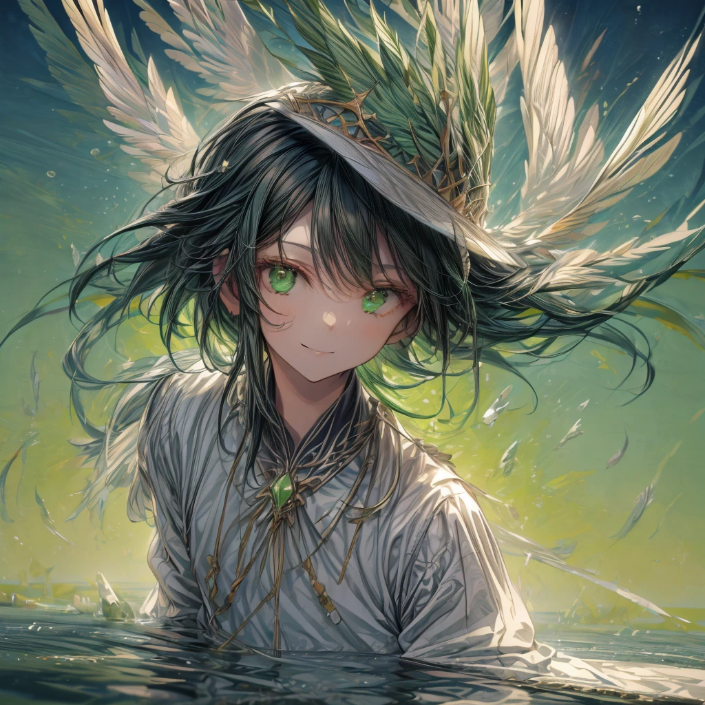 ((top-quality)), ((​masterpiece)), ((Ultra-detail)), (extremely delicate and beautiful), boy with bob hair, solo, cold attitude,((king costume)),he is very(relax)with  the(Settled down)Looks,A black-haired, depth of fields,evil smile, feather, under the water, wings,bright light green eyes,Inner color with dark hair and light dark tips,Cold background, shortest Hair - Linear Art, pants、White uniform like 、Light、Clothes are sheer 、elegant pose