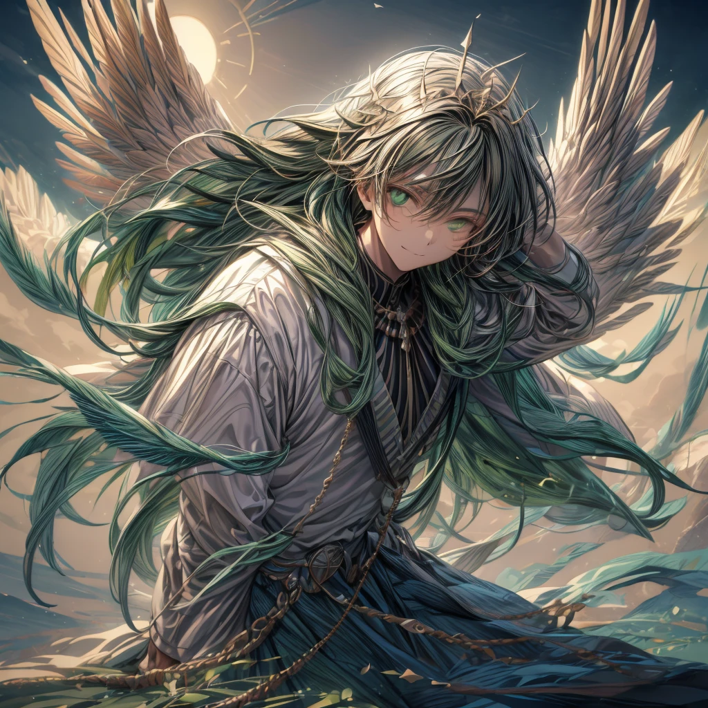 ((top-quality)), ((​masterpiece)), ((Ultra-detail)), (extremely delicate and beautiful), boy with bob hair, solo, cold attitude,((king costume)),he is very(relax)with  the(Settled down)Looks,A black-haired, depth of fields,evil smile, feather, under the water, wings,bright light green eyes,Inner color with dark hair and light dark tips,Cold background, shortest Hair - Linear Art, pants、White uniform like 、Light、Clothes are sheer 、elegant pose