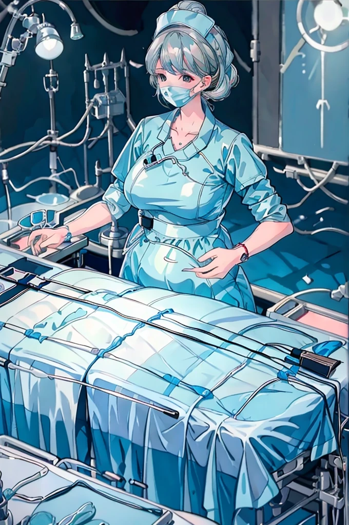 Score_9, Score_8, Score_7, source_anime, raw image, masterpiece, highest quality, view from top down, see all over the body, the light from the operating room lamp shines down from the ceiling and hits the young woman's body, 
a hospital, 1 women, solo, pregnant and close to giving birth, pale skin, frown, worried eyes, lying on the operating bed, lie on your back, lying with arms spread out, in the operating room, surgical cap, big breasts, underwear, bare stomach, show your belly, not covering the stomach, don't put your hands together over your stomach, don't cover up her stomach, operating room curtains, heart rate monitor, operating room blanket covers legs, respirator