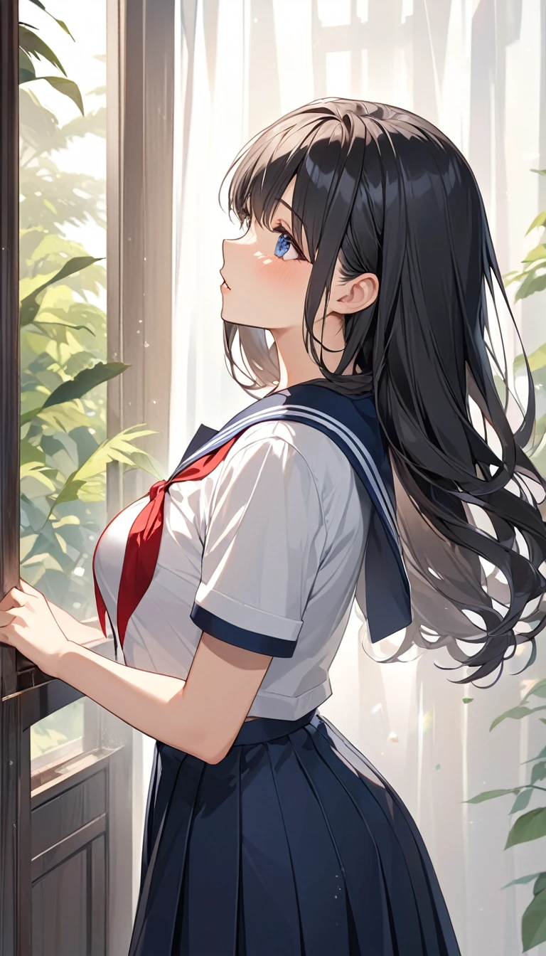 (Highest qualityのイラスト:1.2), (cute女の子:1.1), (1 girl、17 years old、Highest qualityのイラスト:1.2), (1 girl、Kind eyes、blue eyes:1.2)、Black Hair、Semi-long hair、(Highest quality、Very detailed、cute、Ultra-high resolution) 、High School Uniform｛Sailor suit、Red neckerchief、Short sleeve、Pleated skirt)、Large Breasts、Stylish, from side, whole body