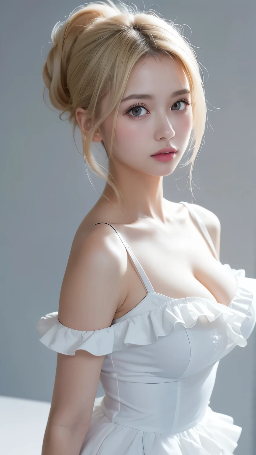 (((Hair tied up、Chignon、forehead、White Blonde Hair、Northern Europe、White people、beautiful girl、Blonde、White background、sexy、Big Breasts、Frills、Off-the-shoulder strap dress)))、table top, highest quality, figure, super detailed, finely, High resolution, 8k wallpaper, Perfect dynamic composition, detailed and beautiful eyes, Deco out,bionde, medium hair, big breasts, Natural color lip,white background, random cute poses,frill dress