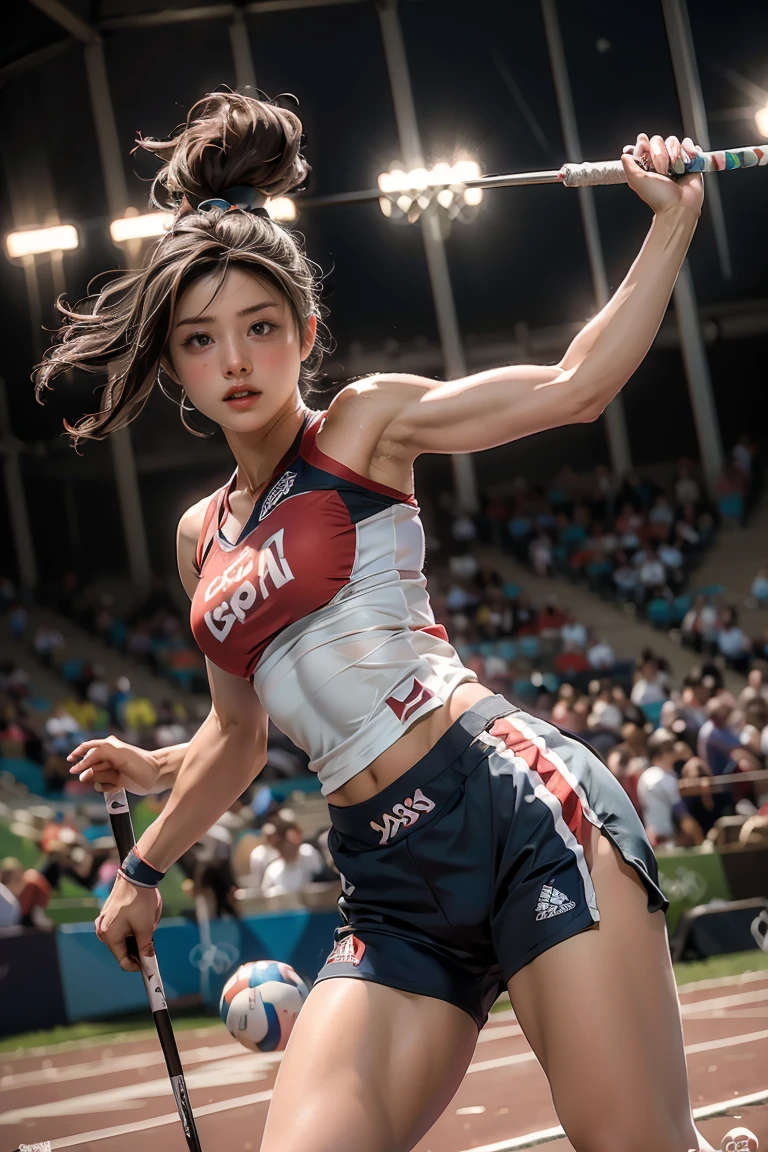 masterpiece, highest quality, Highest image quality, High resolution, photorealistic, Raw photo, 8K, ((A stunning sports photograph of an Olympic javelin athlete in mid-throw,))