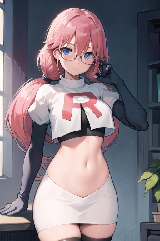 airisakura, airi sakura, blue eyes, glasses, long hair, pink hair, (low twintails:1.5),
BREAK glasses, team rocket,team rocket uniform,white skirt,red letter R,crop top,black thigh-highs,black elbow gloves,
BREAK looking at viewer, 
BREAK (masterpiece:1.2), best quality, high resolution, unity 8k wallpaper, (illustration:0.8), (beautiful detailed eyes:1.6), extremely detailed face, perfect lighting, extremely detailed CG, (perfect hands, perfect anatomy),