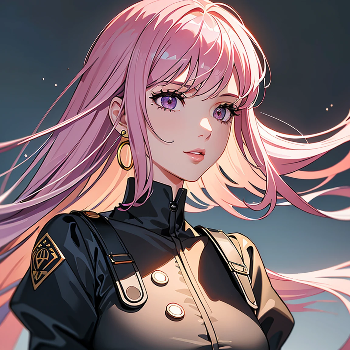 (masterpiece, high quality, best quality, 4k, 8k:1.4), 1girl, solo, pink hair, brown eyes, double-parted bangs, long hair, (mature female, mature:1.2), mole under eye, hoop earrings, revealing goth dark dress, detailed face, beautiful detailed eyes, beautiful detailed lips, extremely detailed face, long eyelashes, intricate details, soft lighting, soft color pallette, perfect anatomy