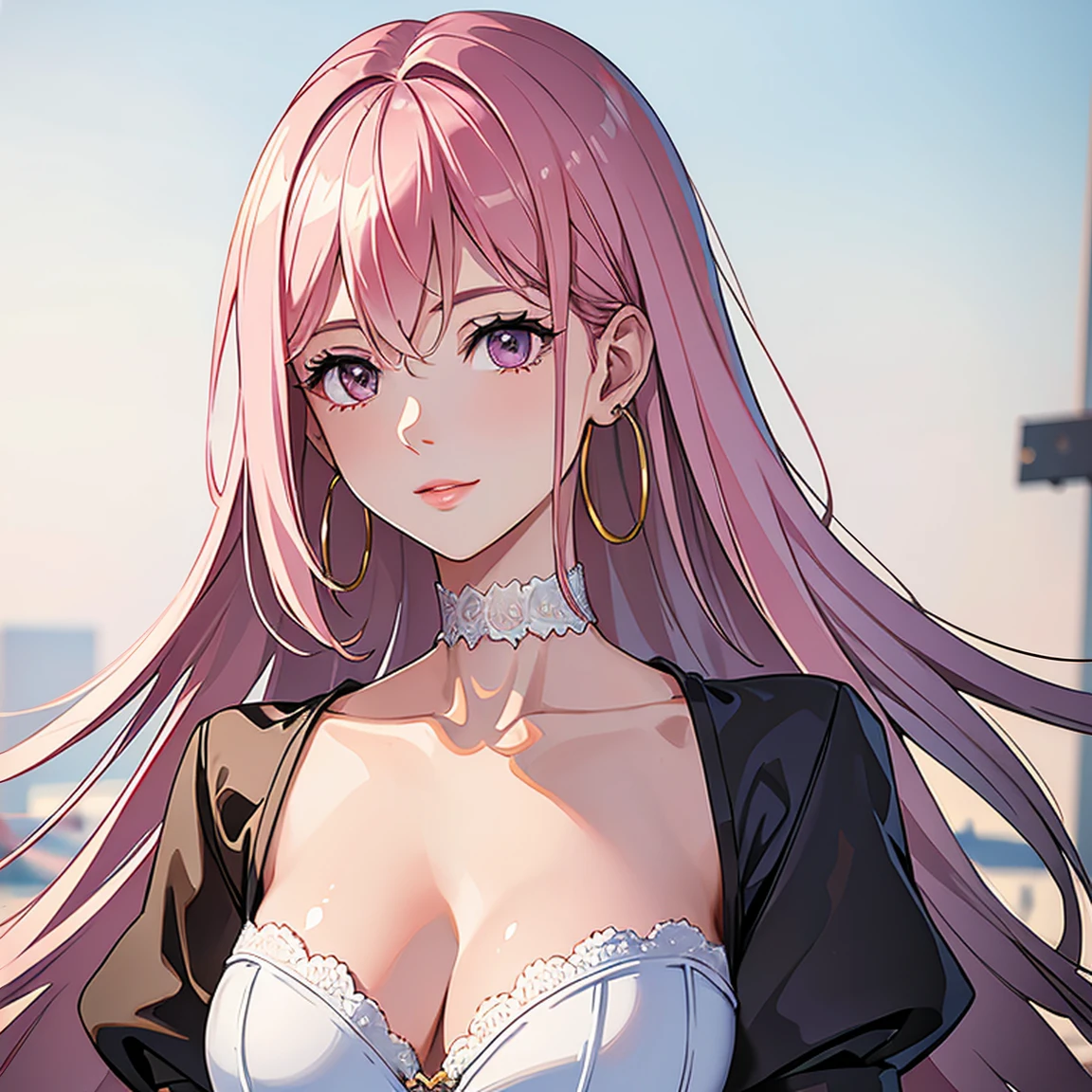 (masterpiece, high quality, best quality, 4k, 8k:1.4), 1girl, solo, pink hair, brown eyes, double-parted bangs, long hair, (mature female, mature:1.2), mole under eye, hoop earrings, revealing goth dark dress, detailed face, beautiful detailed eyes, beautiful detailed lips, extremely detailed face, long eyelashes, intricate details, soft lighting, soft color pallette, perfect anatomy