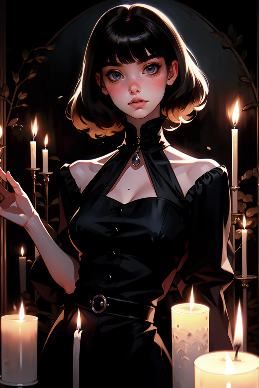 {-erro_de_anatomia:1.0} woman 30 years old, black victorian dress, brown eyes, black hair, short hair, bang, 1968s style, on the saloon, baile, looking at viwer, upper body, dark background, candles, witchcraft