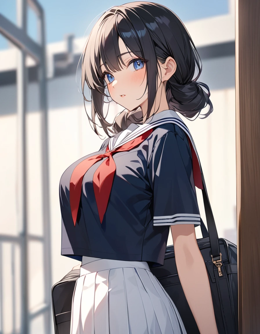 (Highest qualityのイラスト:1.2), (cute女の子:1.1), (1 girl、17 years old、Highest qualityのイラスト:1.2), (1 girl、Kind eyes、blue eyes:1.2)、Black Hair、Semi-long hair、(Highest quality、Very detailed、cute、Ultra-high resolution) 、High School Uniform｛Sailor suit、Red neckerchief、Short sleeve、Pleated skirt)、Large Breasts、Stylish, from side, Cowboy Shot