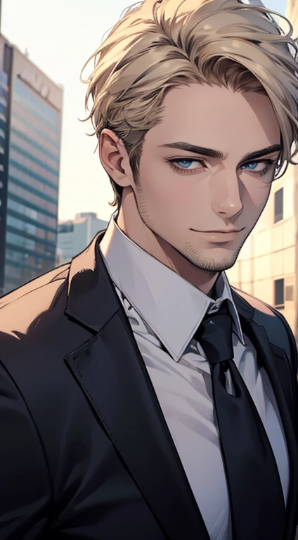 (best quality,4k,8k,highres,masterpiece:1.2),ultra-detailed,(realistic,photorealistic,photo-realistic:1.37),1 man,31 years old,mature man,very handsome,without expression,smile,short grey golden hair,blue eyes,penetrating gaze,perfect face without errors,imposing posture,businessman,office background,cinematic lighting,hdr image