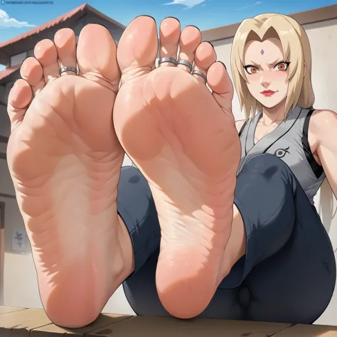 tsunade from naruto, feet, soles, wrinkled soles, disgusting dirty soles, black toenail, toes ring, soles focus. very detailed s...