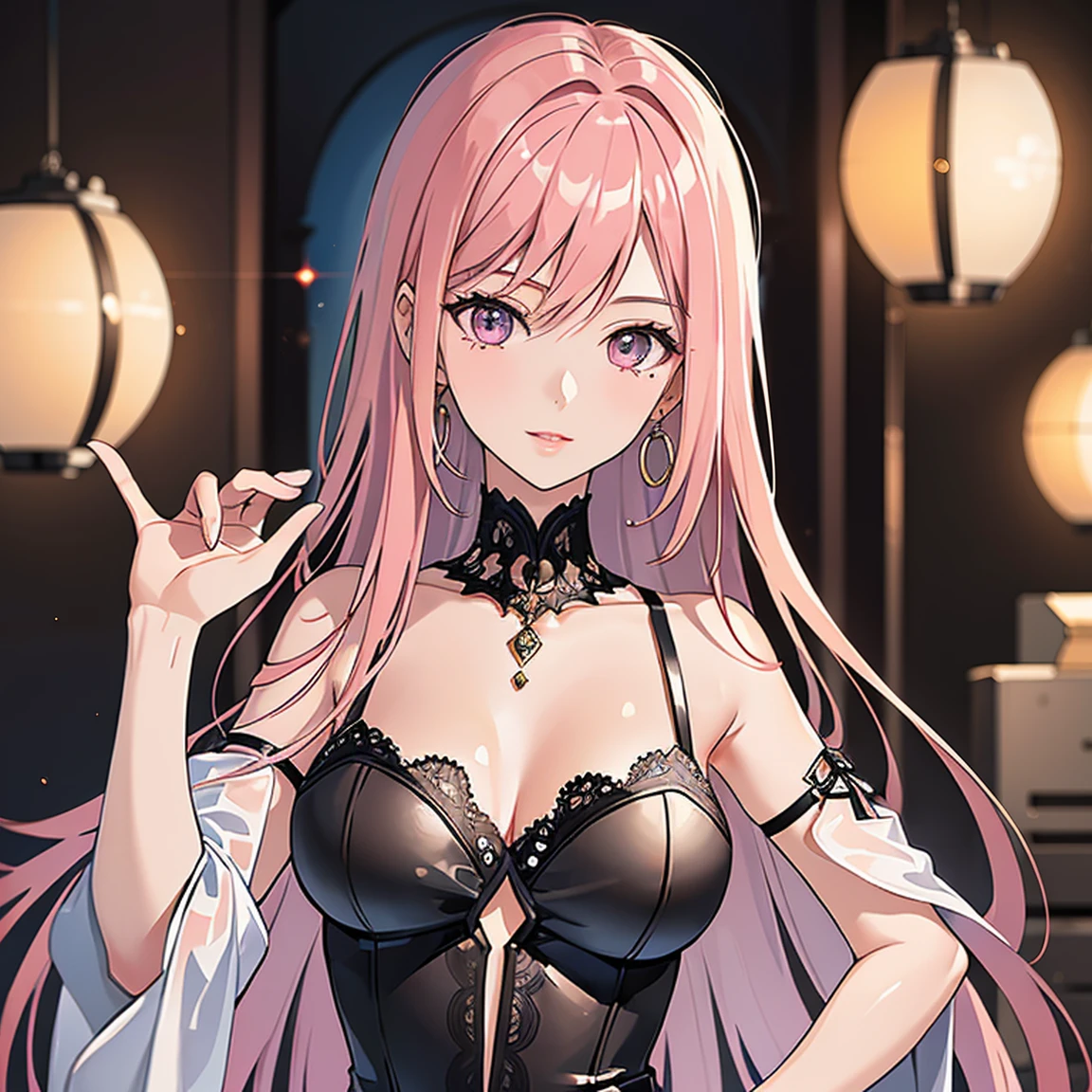 (masterpiece, high quality, best quality, 4k, 8k:1.4), 1girl, solo, pink hair, brown eyes, double-parted bangs, long hair, (mature female, mature:1.2), mole under eye, hoop earrings, revealing gothic dark dress, detailed face, beautiful detailed eyes, beautiful detailed lips, extremely detailed face, long eyelashes, intricate details, soft lighting, soft color pallette, perfect anatomy