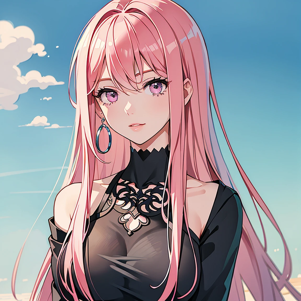 (masterpiece, high quality, best quality, 4k, 8k:1.4), 1girl, solo, pink hair, brown eyes, double-parted bangs, long hair, (mature female, mature:1.2), mole under eye, hoop earrings, revealing gothic dark dress, detailed face, beautiful detailed eyes, beautiful detailed lips, extremely detailed face, long eyelashes, intricate details, soft lighting, soft color pallette, perfect anatomy