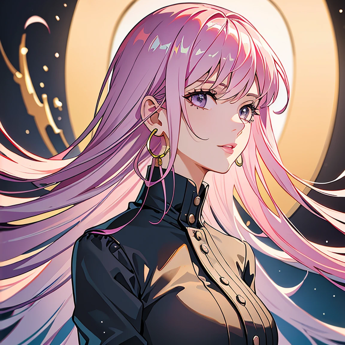 (masterpiece, high quality, best quality, 4k, 8k:1.4), 1girl, solo, pink hair, brown eyes, double-parted bangs, long hair, (mature female, mature:1.2), mole under eye, hoop earrings, revealing gothic dark dress, detailed face, beautiful detailed eyes, beautiful detailed lips, extremely detailed face, long eyelashes, intricate details, soft lighting, soft color pallette, perfect anatomy