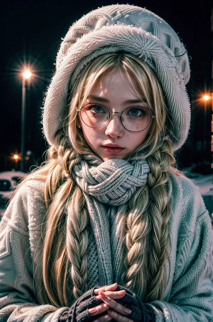 1 girl, blonde hair, long hair, crownbraid, snowcap, round eyewear, glasses, white winter furcoat, snow, standing, in snow, night, solo, orange lighting, pink scarf, hand on scarf, green eyes, black gloves, close up, moonlight, snowing, freckles