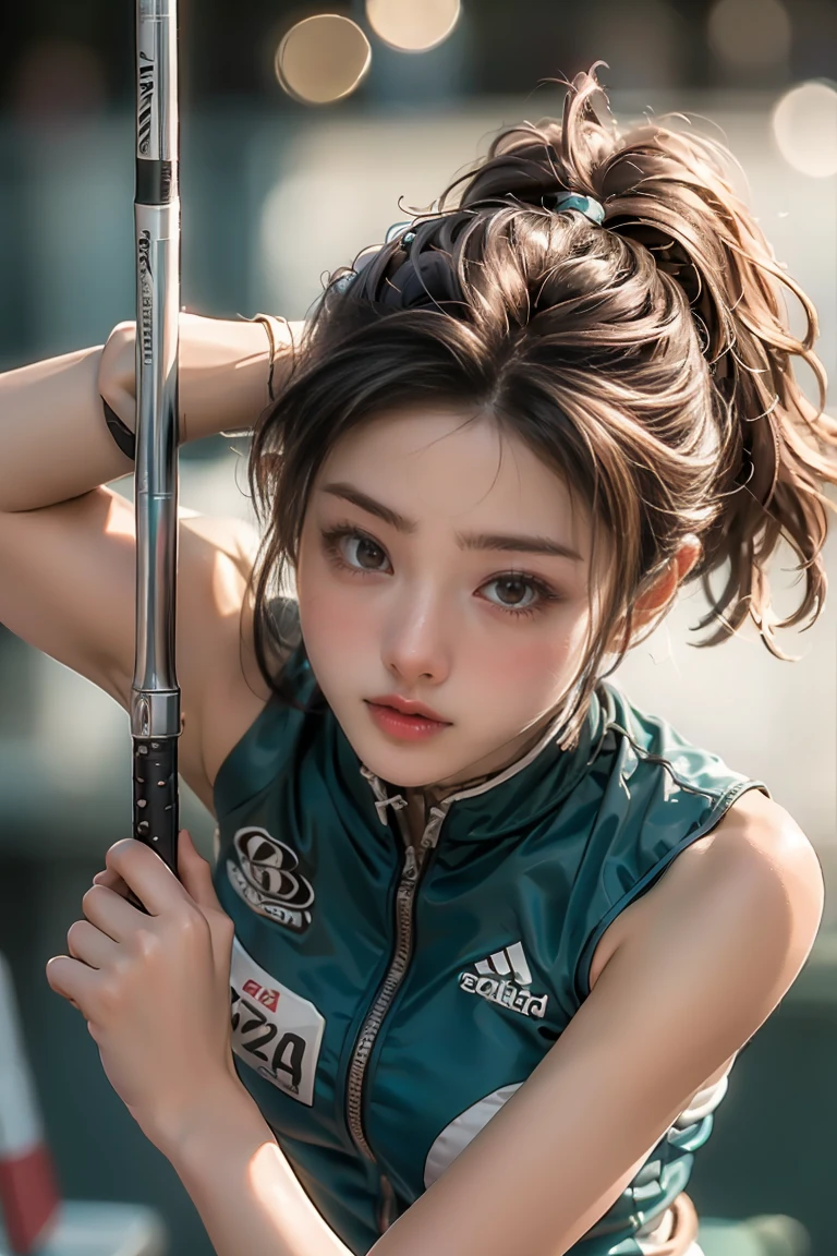 masterpiece, highest quality, Highest image quality, High resolution, photorealistic, Raw photo, 8K, ((high jump athlete, bend backward on the rod))