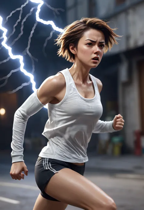 (masterpiece)(accurate)(perfect anatomy) photo realistic, 1girl, running stance, sport outfit, torn_tight shirt, micro_crop top,...