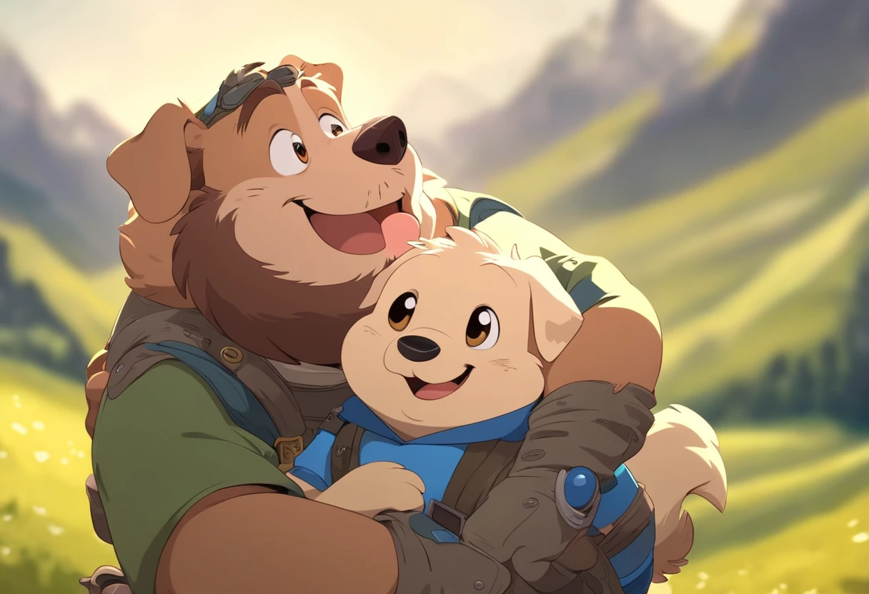 anthro, kemono, male, duo, ((round face, very plump face, thick beard)), ((endomorph body type, old-aged)), ((adventure costume:1.5)), ((domestic dog, dog) fluffy fur, fluffy), (at lawn hills), bokeh, (hug, cuddle with his grandson), detailed background, (high quality, highres, masterpiece), (dynamic lighting, vivid color), (happy, joyful, proud), wholesome scene, (dynamic pose), (close up), cartoon, (animaginexl:1.3), vector art, flat color, (high-angle view:1.1)