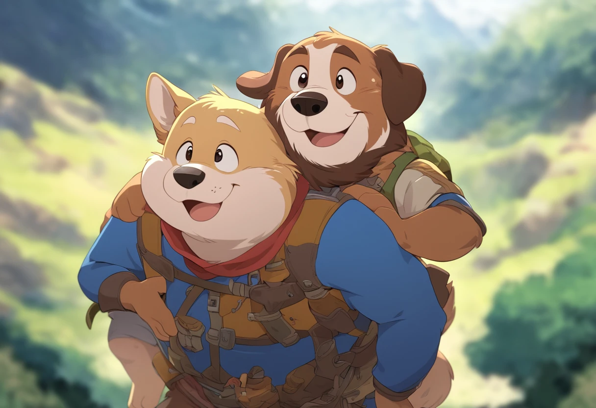 anthro, kemono, male, duo, ((round face, very plump face, thick beard)), ((endomorph body type, old-aged)), ((adventure costume:1.5)), ((domestic dog, dog) fluffy fur, fluffy), (at lawn hills), bokeh, (hug, cuddle with his grandson), detailed background, (high quality, highres, masterpiece), (dynamic lighting, vivid color), (happy, joyful, proud), wholesome scene, (dynamic pose), (close up), cartoon, (animaginexl:1.3), vector art, flat color, (high-angle view:1.1)