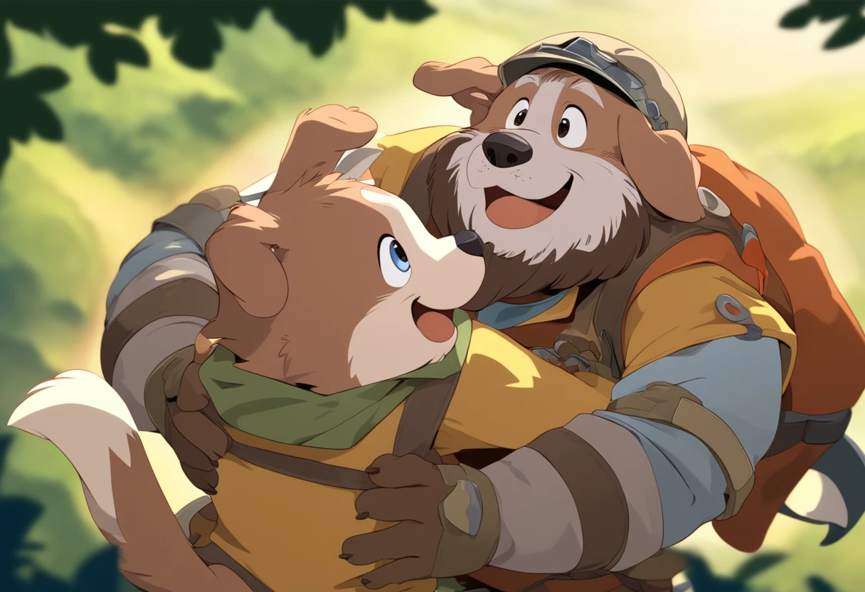 anthro, kemono, male, duo, ((round face, very plump face, thick beard)), ((endomorph body type, old-aged)), ((adventure costume:1.5)), ((domestic dog, dog) fluffy fur, fluffy), (at lawn hills), bokeh, (hug, cuddle with his grandson), detailed background, (high quality, highres, masterpiece), (dynamic lighting, vivid color), (happy, joyful, proud), wholesome scene, (dynamic pose), (close up), cartoon, (animaginexl:1.3), vector art, flat color, (high-angle view:1.1)