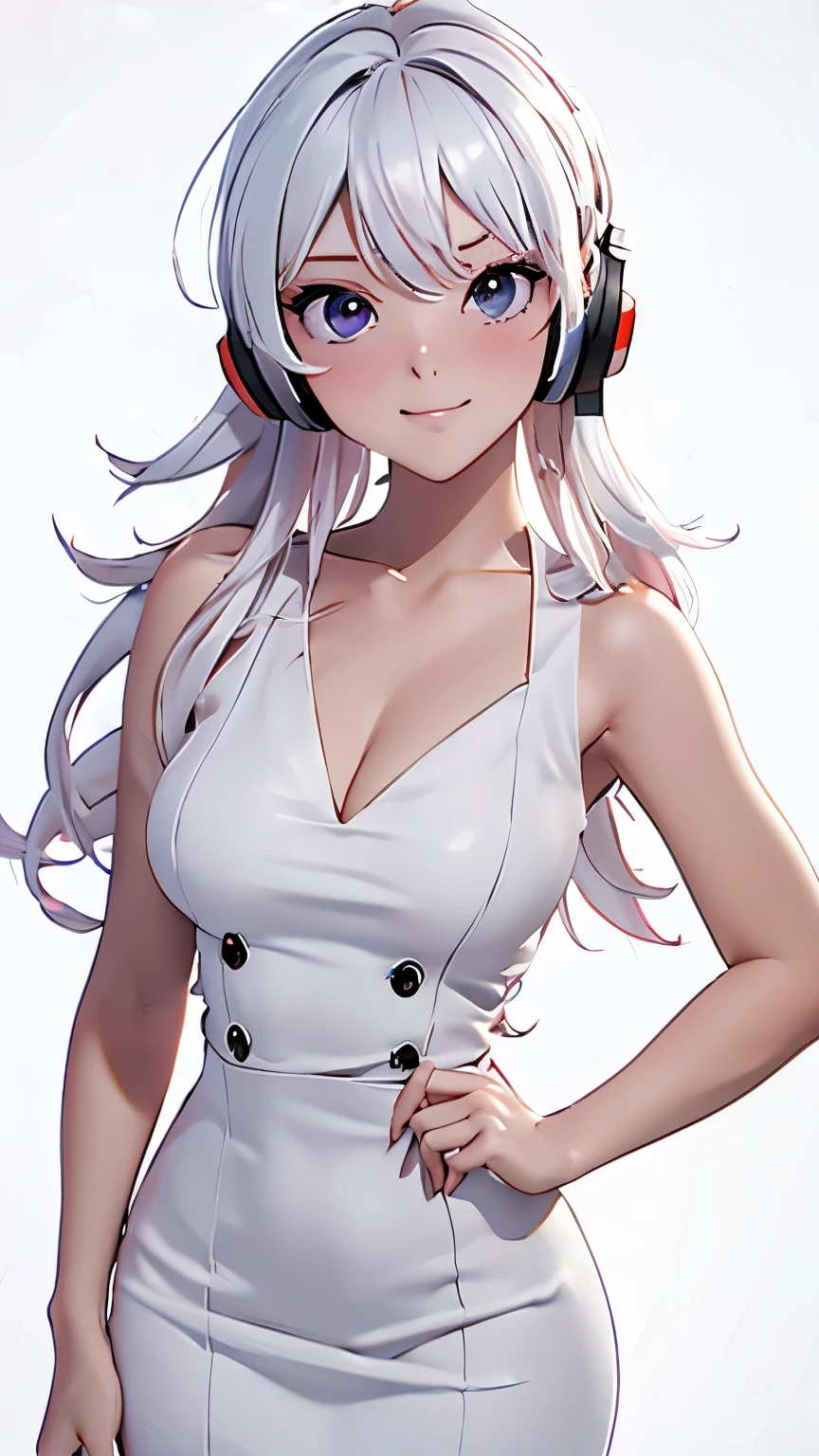 (1 girl, Alone, Masterpiece, 4k, Best Quality:1.2, (cowboy shot), Best Quality:1.2, good hands, showy, (perfect hands, perfect anatomy)), 
utaop, headphones,blush, White dress, fur over one, red and white hair, multicolor fur, High average, 
((medium breasts, big hips, looking at the viewer)), 
((simple background, White background)), 