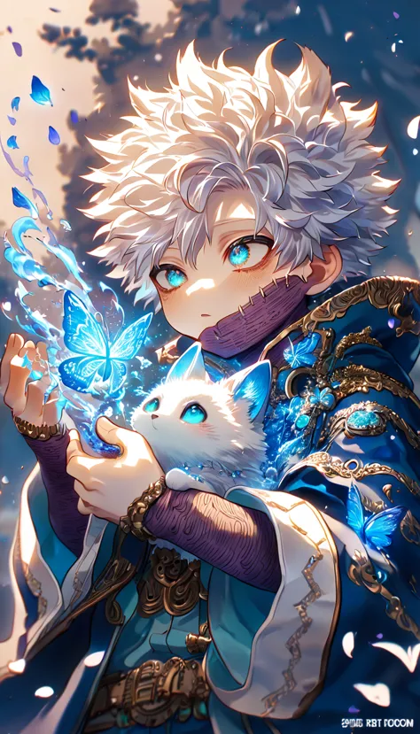 absurdres, highres, ultra detailed, hdr, master piece, best quality, extremely detailed, dabi chibi, white hair, expressive turq...