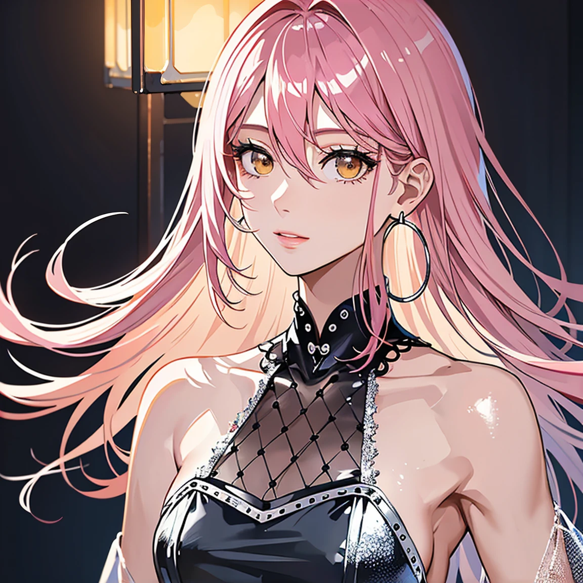 (masterpiece, high quality, best quality, 4k, 8k:1.4), 1girl, solo, pink hair, brown eyes, double-parted bangs, long hair, (mature female, mature:1.2), mole under eye, hoop earrings, revealing gothic dark dress, detailed face, beautiful detailed eyes, beautiful detailed lips, extremely detailed face, long eyelashes, intricate details, soft lighting, soft color pallette, perfect anatomy