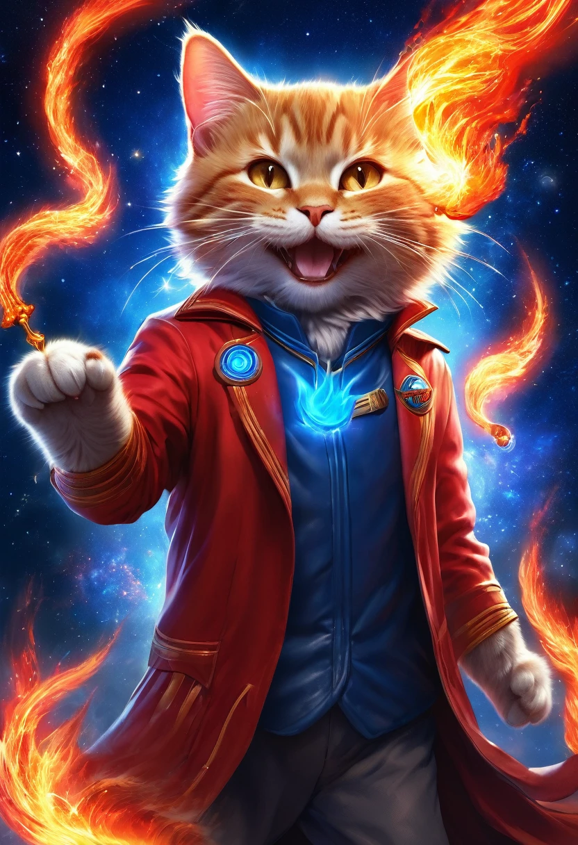 (CG, UHigh resolution, masterpiece, Anatomically correct, Super detailed, Attention to detail, High resolution, Highest quality), High resolution, Digital Art, universe, ((The best smile)), whole body, Cat、A red flame comes from his right hand.、A blue flame erupts from his left hand.