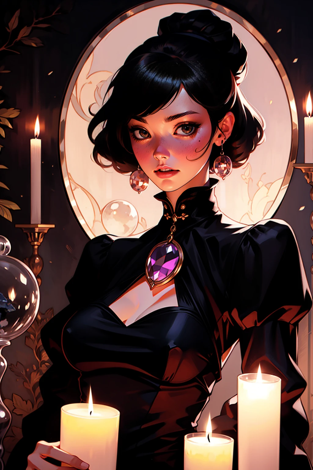 {-erro_de_anatomia:1.0} woman 30 years old, black victorian dress, brown eyes, black hair, short hair, bang, 1968s style, on the saloon, baile, looking at viwer, upper body, dark background, candles, witchcraft, dinamic poses, magic, potions, wearing red lipstik, holding a purple crystal ball in her hands