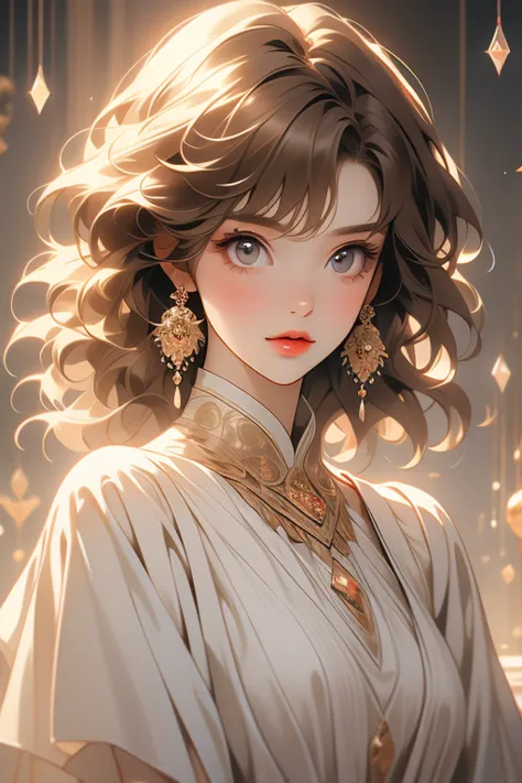 the old woman of the wizard of light, , long side-swept bangs wavy light brown hair, crystal eyes, ethnic earrings, fashion out ...