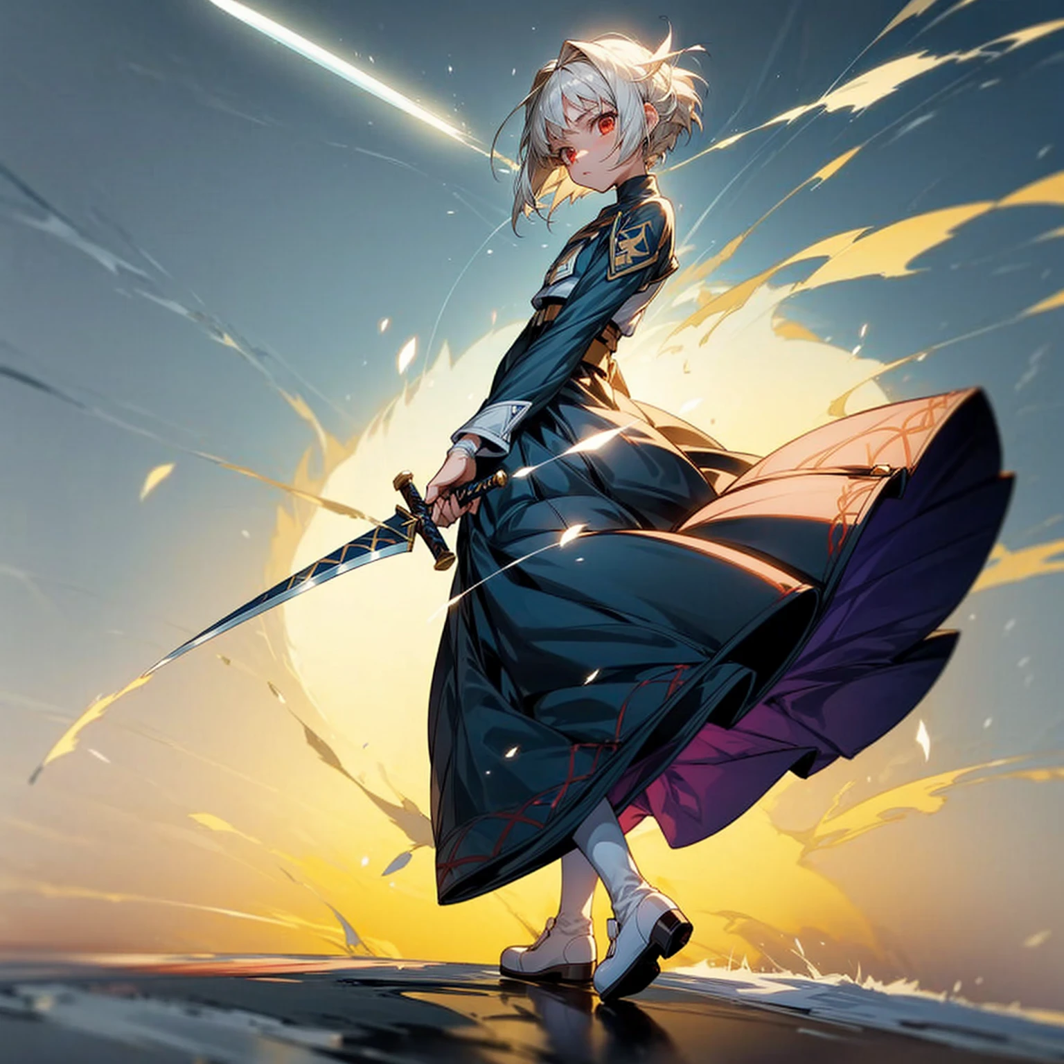 1girl, Full body version, 1character, light red eyes color, white skin, short hairstyle, white colour hair, saber style clothing, Long skirt, long socks, long boots, dagger knife in hand, full background, Grassroots background in village, motion blur, shadow, battle gesture, (captain Tsubasa style art)