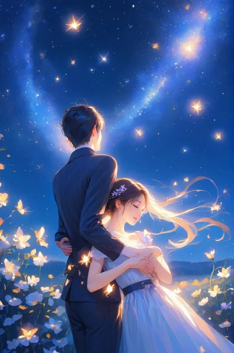 couple，embrace，butterfly，starry sky