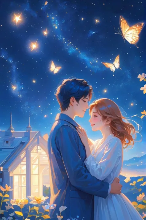 couple，embrace，butterfly，starry sky