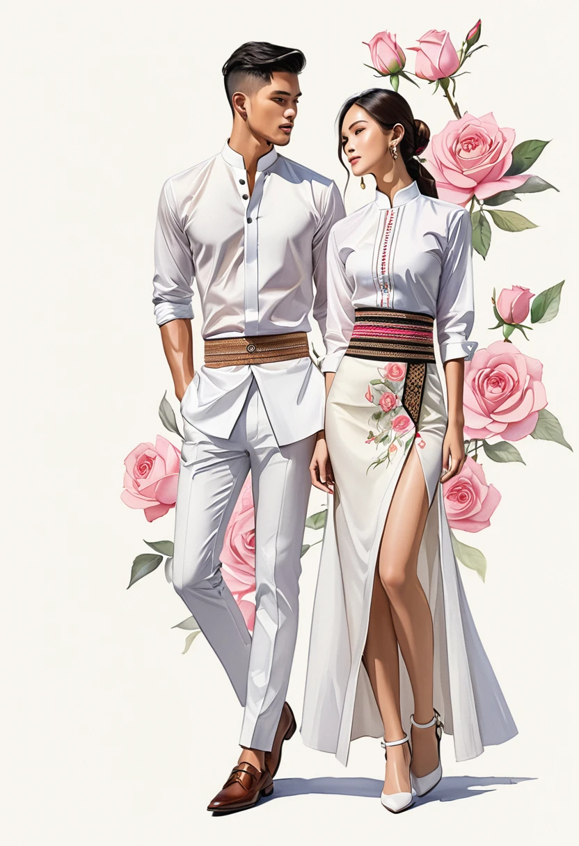 candid fashion illustration of two young man and women, 20-27 year old, adorned in a meticulously crafted North Thai traditional outfits, Thailand, ((showcase fashion Thai Lanna style in white cotton handwoven)), simple elegant style, The man wears a simple long-sleeved white mandarin collar shirt, paired with white Tailor pants, and oxford shoes, The woman complements him with white tubular skirt or Sarong, ankle-length with simple patterns at the bottom part of the skirt, fitted intricately decorated blouse that complements the skirt, Captured in a low angle, ((full-body image)), ((rose water color background)), sketching, realistic drawing, imperfect water color drawing, fashion look book, fashion illustrator, sketch design,