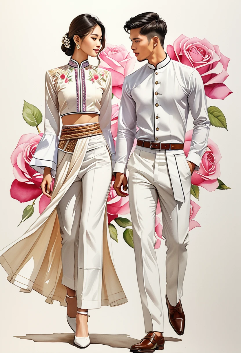 candid fashion illustration of two young man and women, 20-27 year old, adorned in a meticulously crafted North Thai traditional outfits, Thailand, ((showcase fashion Thai Lanna style in white cotton handwoven)), simple elegant style, The man wears a simple long-sleeved white mandarin collar shirt, paired with white Tailor pants, and oxford shoes, The woman complements him with white tubular skirt or Sarong, ankle-length with simple patterns at the bottom part of the skirt, fitted intricately decorated blouse that complements the skirt, Captured in a low angle, ((full-body image)), ((rose water color background)), sketching, realistic drawing, imperfect water color drawing, fashion look book, fashion illustrator, sketch design,