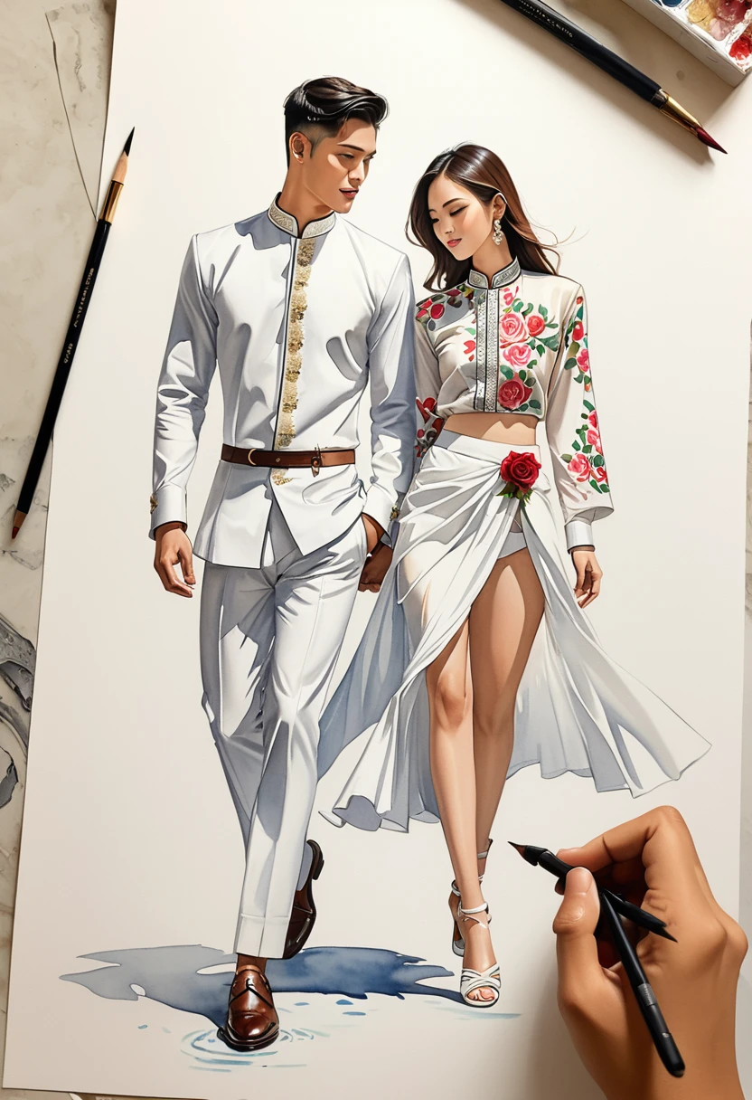 candid fashion illustration of two young man and women, 20-27 year old, adorned in a meticulously crafted North Thai traditional outfits, Thailand, ((showcase fashion Thai Lanna style in white cotton handwoven)), simple elegant style, The man wears a simple long-sleeved white mandarin collar shirt, paired with white Tailor pants, and oxford shoes, The woman complements him with white tubular skirt or Sarong, ankle-length with simple patterns at the bottom part of the skirt, fitted intricately decorated blouse that complements the skirt, Captured in a low angle, ((full-body image)), ((rose water color background)), sketching, realistic drawing, imperfect water color drawing, fashion look book, fashion illustrator, sketch design,