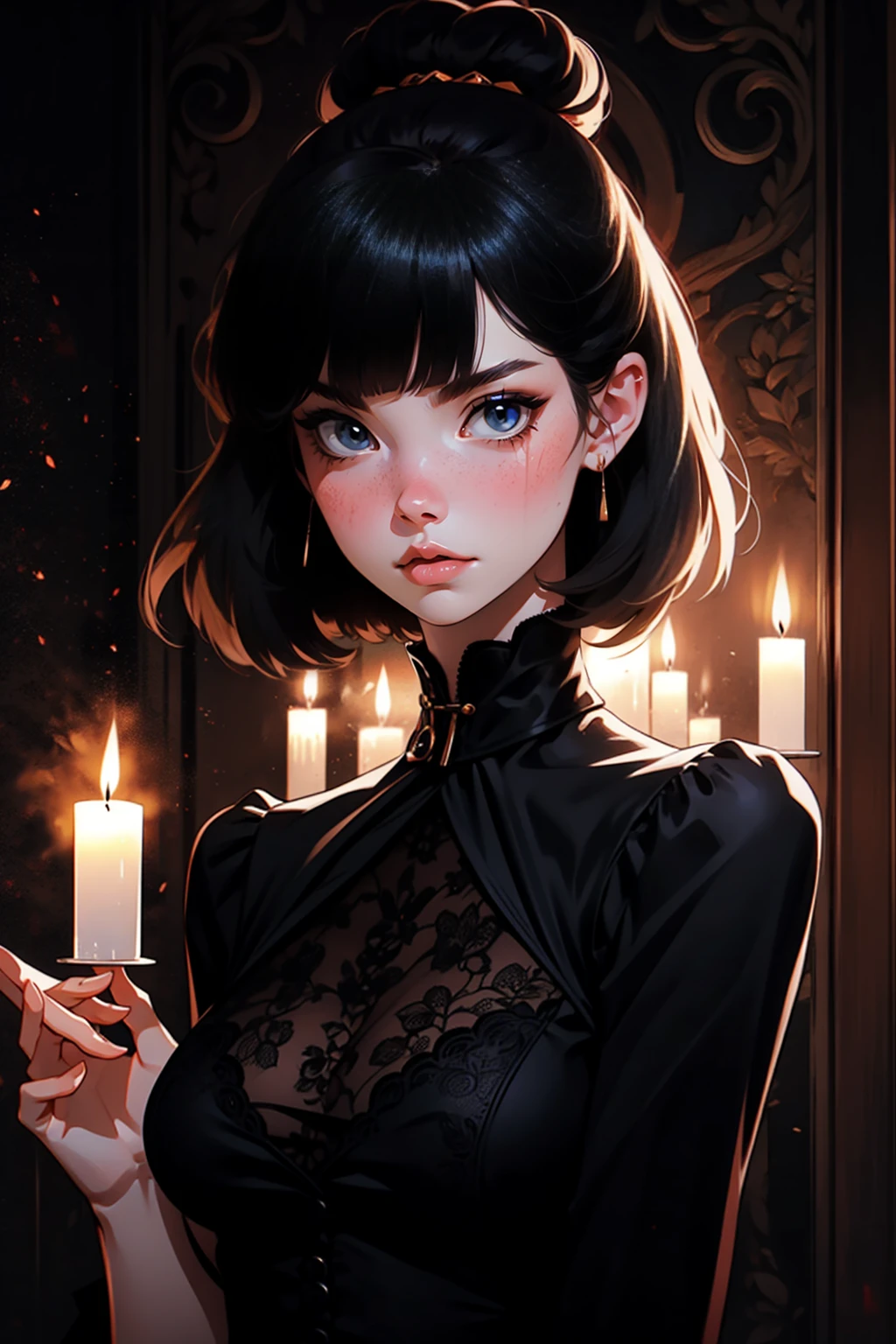 {-erro_de_anatomia:1.0} woman 30 years old, black victorian dress, brown eyes, black hair, short hair, bang, 1968s style, on the saloon, baile, looking at viwer, upper body, dark background, candles, witchcraft, dinamic poses, magic, potions, wearing red lipstik