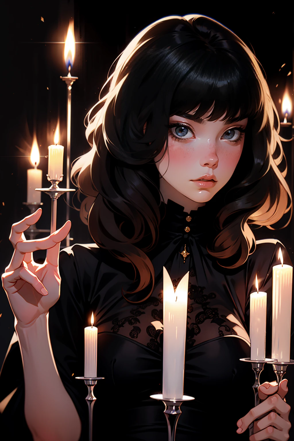 {-erro_de_anatomia:1.0} woman 30 years old, black victorian dress, brown eyes, black hair, short hair, bang, 1968s style, on the saloon, baile, looking at viwer, upper body, dark background, candles, witchcraft, dinamic poses, magic, potions, wearing red lipstik