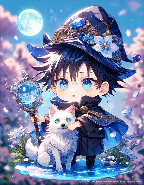 absurdres, highres, ultra detailed, hdr, master piece, fushiguro megumi chibi, black hair, expressive blue eyes, boy hugging a s...