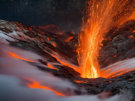 A dramatically erupting volcano spews molten lava and ash into the night sky. Fiery lava flows down the sides of the dark, mount...