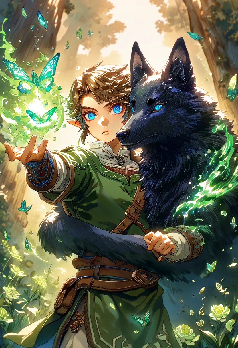 absurdesten, highres, Extrem detailliert, HDR, Meisterwerk, beste Qualität, Extrem detailliert, Link, braune Haare, ausdrucksstarke blaue Augen, Die Legende von Zelda: Twilight Princess, sexy Mann, der einen schwarzen Wolf umarmt, Gutaussehend, grüne Tunika, Magieal, Fantasie, Magie, grünes Feuer, Wald, glänzend, grüne Schmetterlinge, grüne Blütenblätter, grüne Blumen