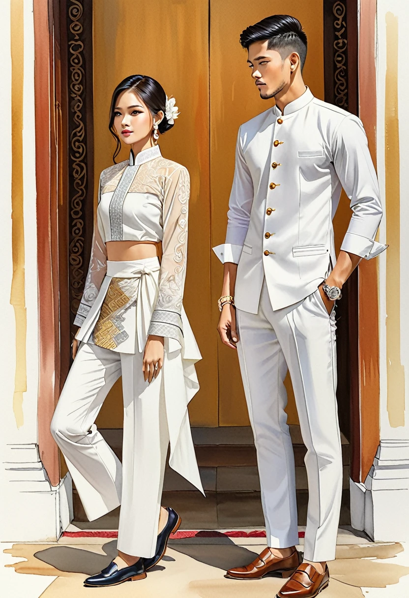 ilustración de moda sincera de dos hombres y mujeres jóvenes, 20-2, adornado con trajes tradicionales del norte de Tailandia meticulosamente elaborados, Tailandia, ((Muestra la moda estilo Thai Lanna en algodón blanco tejido a mano.)), estilo sencillo y elegante, El hombre lleva una sencilla camisa blanca de cuello mandarín y manga larga., combinado con pantalones Tailor blancos, y zapatos oxford, La mujer lo complementa con falda tubular blanca o Sarong., hasta el tobillo con patrones simples en la parte inferior de la falda, blusa ajustada intrincadamente decorada que complementa la falda, Capturado en un ángulo bajo, ((Imagen de cuerpo completo)), ((Fondo de color de agua de templo tailandés imperfecto)), dibujando, dibujo realista, dibujo imperfecto en acuarela, libro de look de moda, ilustrador de moda, diseño de boceto,