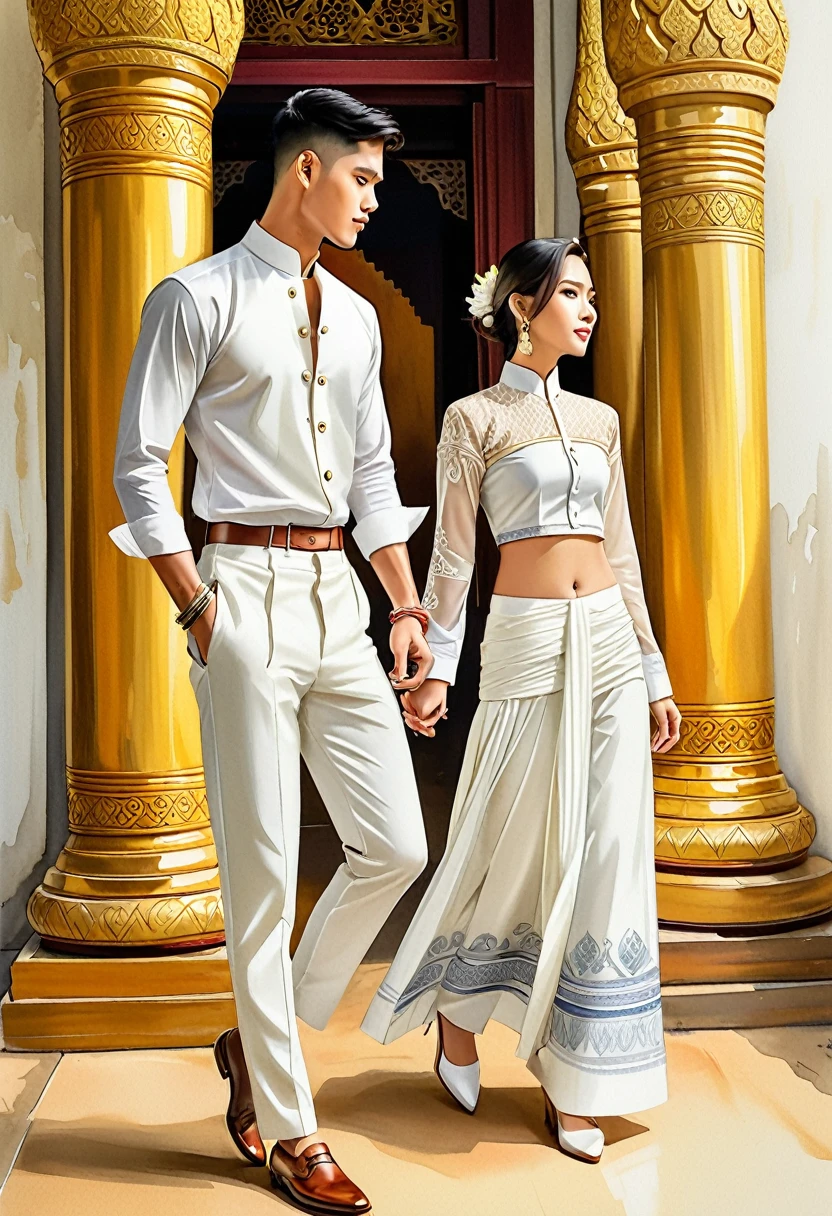 candid fashion illustration of two young man and women, 20-27 year old, adorned in a meticulously crafted North Thai traditional outfits, Thailand, ((showcase fashion Thai Lanna style in white cotton handwoven)), simple elegant style, The man wears a simple long-sleeved white mandarin collar shirt, paired with white Tailor pants, and oxford shoes, The woman complements him with white tubular skirt or Sarong, ankle-length with simple patterns at the bottom part of the skirt, fitted intricately decorated blouse that complements the skirt, Captured in a low angle, ((full-body image)), ((imperfect Thai temple water color background)), sketching, realistic drawing, imperfect water color drawing, fashion look book, fashion illustrator, sketch design,