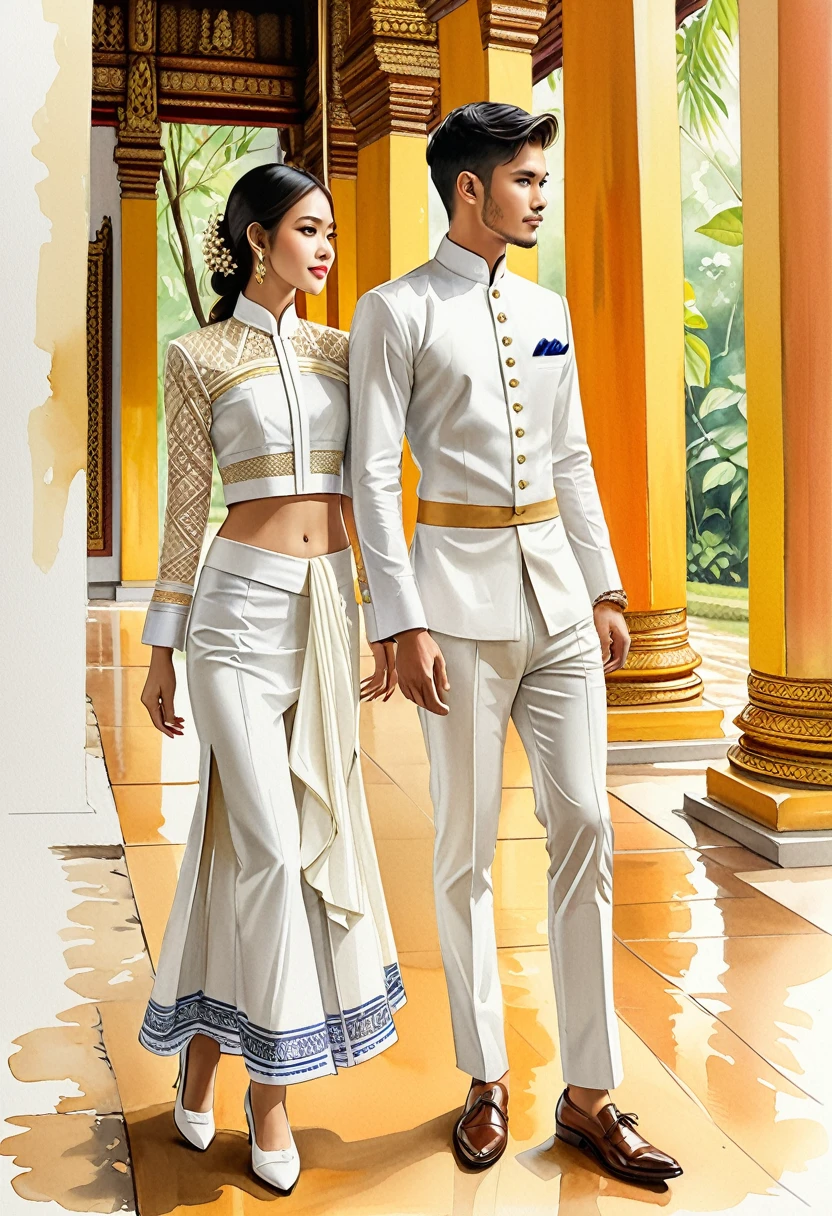 candid fashion illustration of two young man and women, 20-27 year old, adorned in a meticulously crafted North Thai traditional outfits, Thailand, ((showcase fashion Thai Lanna style in white cotton handwoven)), simple elegant style, The man wears a simple long-sleeved white mandarin collar shirt, paired with white Tailor pants, and oxford shoes, The woman complements him with white tubular skirt or Sarong, ankle-length with simple patterns at the bottom part of the skirt, fitted intricately decorated blouse that complements the skirt, Captured in a low angle, ((full-body image)), ((imperfect Thai temple water color background)), sketching, realistic drawing, imperfect water color drawing, fashion look book, fashion illustrator, sketch design,