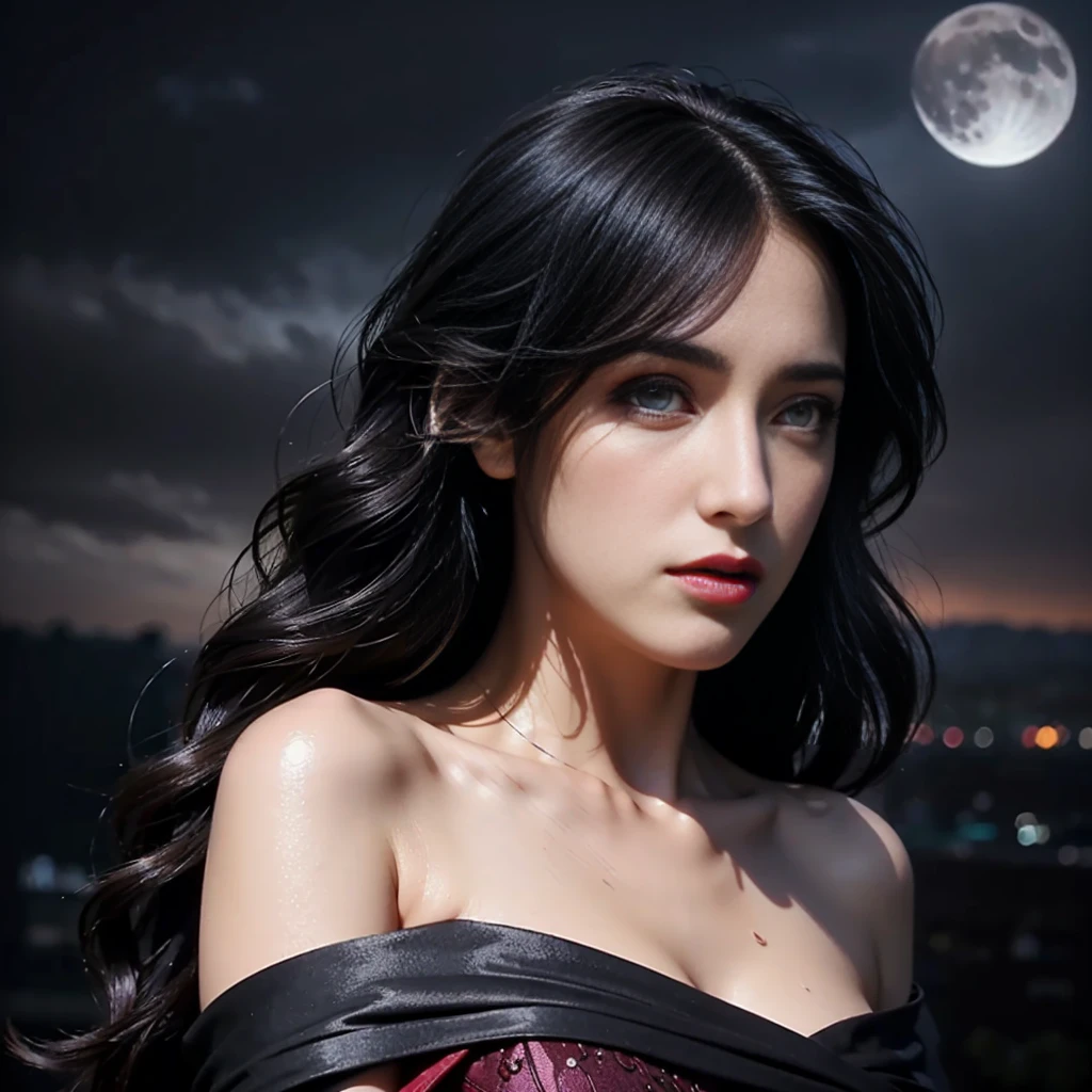 masterpiece, best quality,, sexy women, (colorful),(finely detailed beautiful eyes and detailed face),cinematic lighting,bust shot,extremely detailed CG unity 8k wallpaper,wavy hair,solo,angry face,red dress,((flying petal)), sky, cloudy_sky, building, moonlight, moon, night, (dark theme:1.3), light, fantasy,