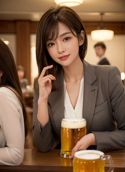 Only one woman, Sit at the counter table, (Holding a beer mug) In one hand, office worker, Suit jacket, Stylish clothes, Mature ...