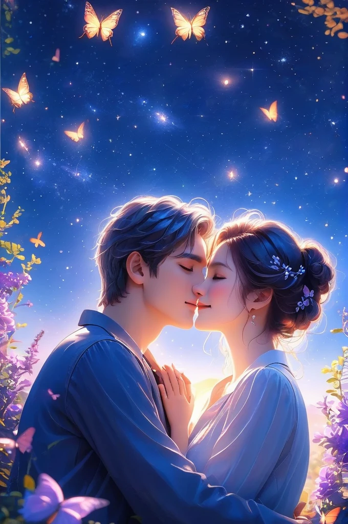 1 couple hugging under the starry sky, butterflies around them, detailed faces and expressions, romantic, cinematic lighting, vibrant colors, highly detailed, 8k, photorealistic, masterpiece