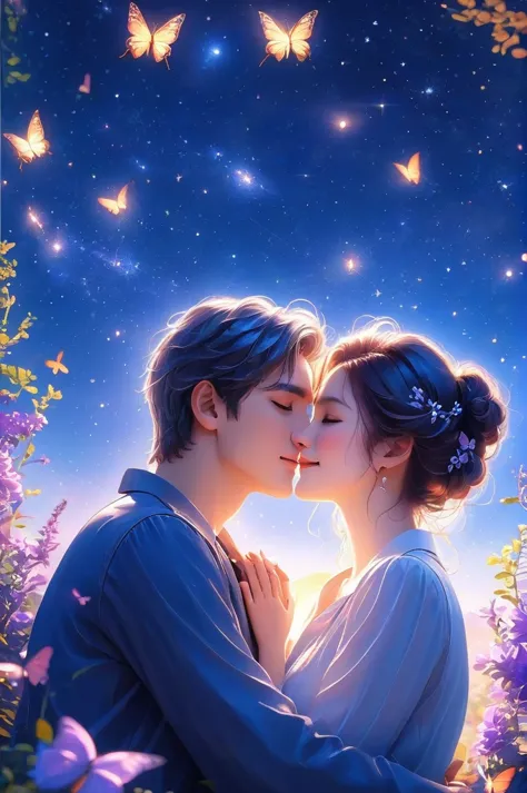 1 couple hugging under the starry sky, butterflies around them, detailed faces and expressions, romantic, cinematic lighting, vi...