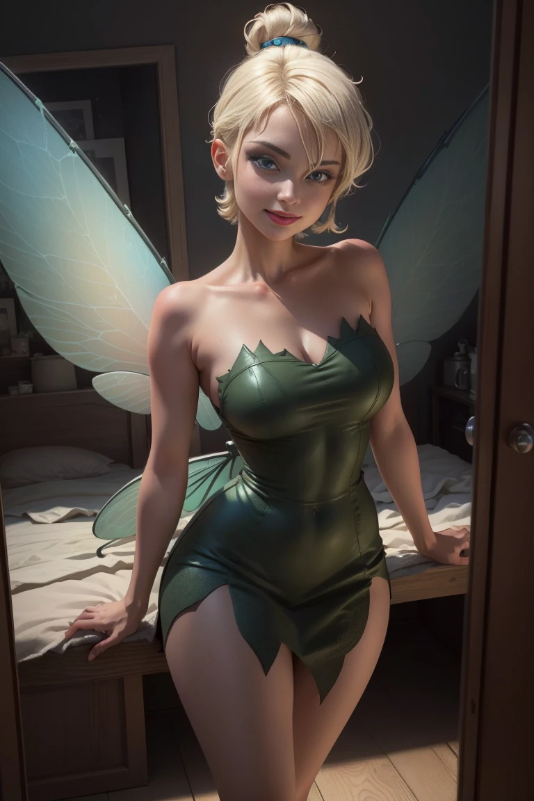 (Tinker Waifu:1), SMILE, sexy, naughty pose, looking at the viewer, big breasts, neckline, moño de un Alone cabello, short hair, (Green strapless dress:1), (fairy wings), (focus on breasts:1.2), From above, (realist:1.2), (realism), (Masterpiece:1.2), (Best Quality), (ultra detailed), (8k, 4k, intricate),(Full body photo:1),(cowboy shot:1.2), (85mm),partículas de light, Turning on, (Very detailed:1.2),(detailed face:1.2), (Gradients), showy,(detailed eyes:1.2),(detailed background),detailed landscape, (dynamic angle:1.2), (dynamic pose:1.2), (third party rule_composition:1.3), (Line of action:1.2), plano general, light, Alone, sexy, show skin