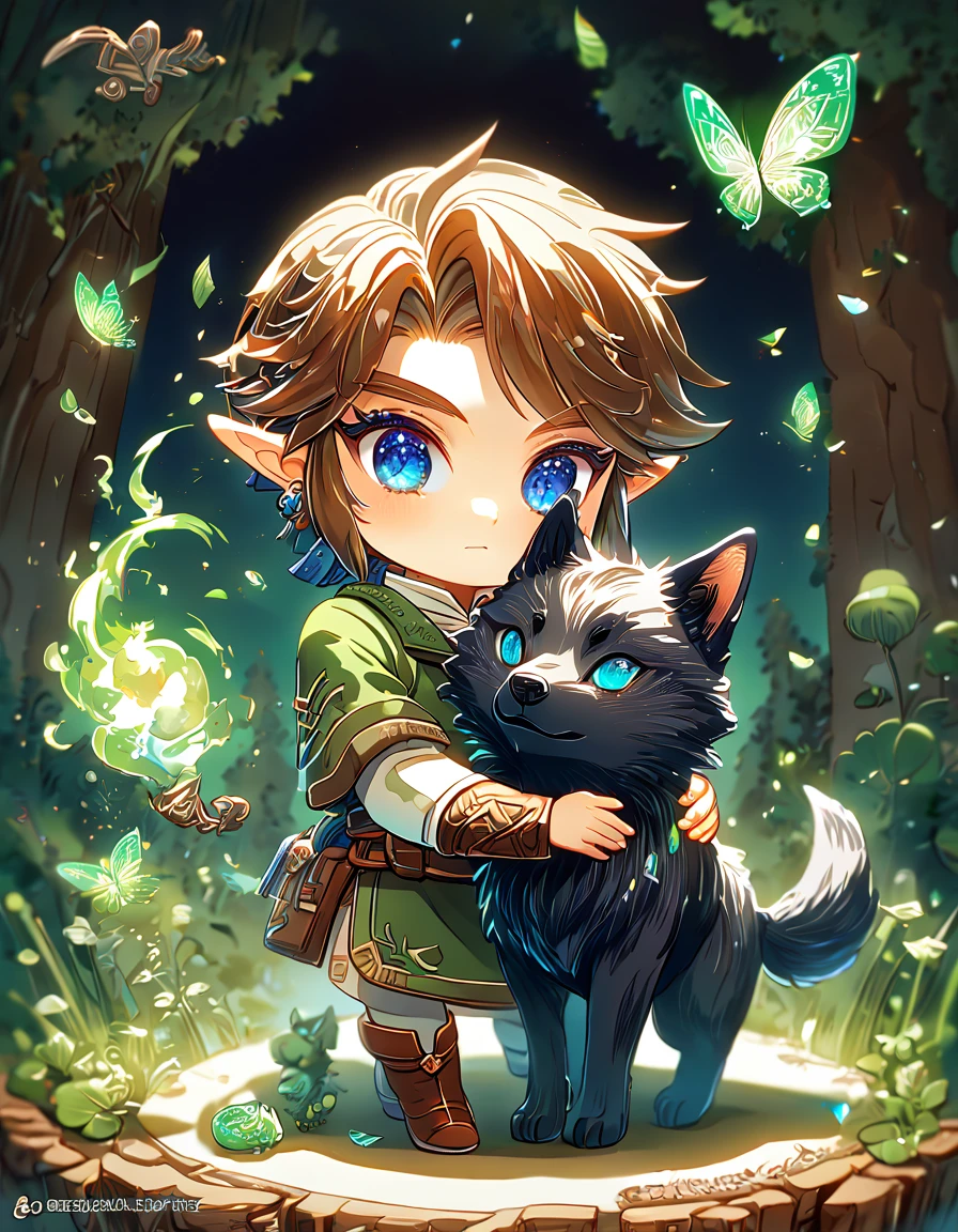 absurdos, alta resolução, ultra detalhado, HDR, obra de arte, melhor qualidade, extremamente detalhado, Link chibi, cabelo castanho, olhos azuis expressivos, A Lenda de Zelda Princesa do Crepúsculo, menino abraçando um lobo preto, bonitinho, pequeno, bonito, túnica verde, Magiaal, fantasia, Magia, fogo verde, floresta, Brilhante, borboletas verdes, Pétalas verdes, flores verdes